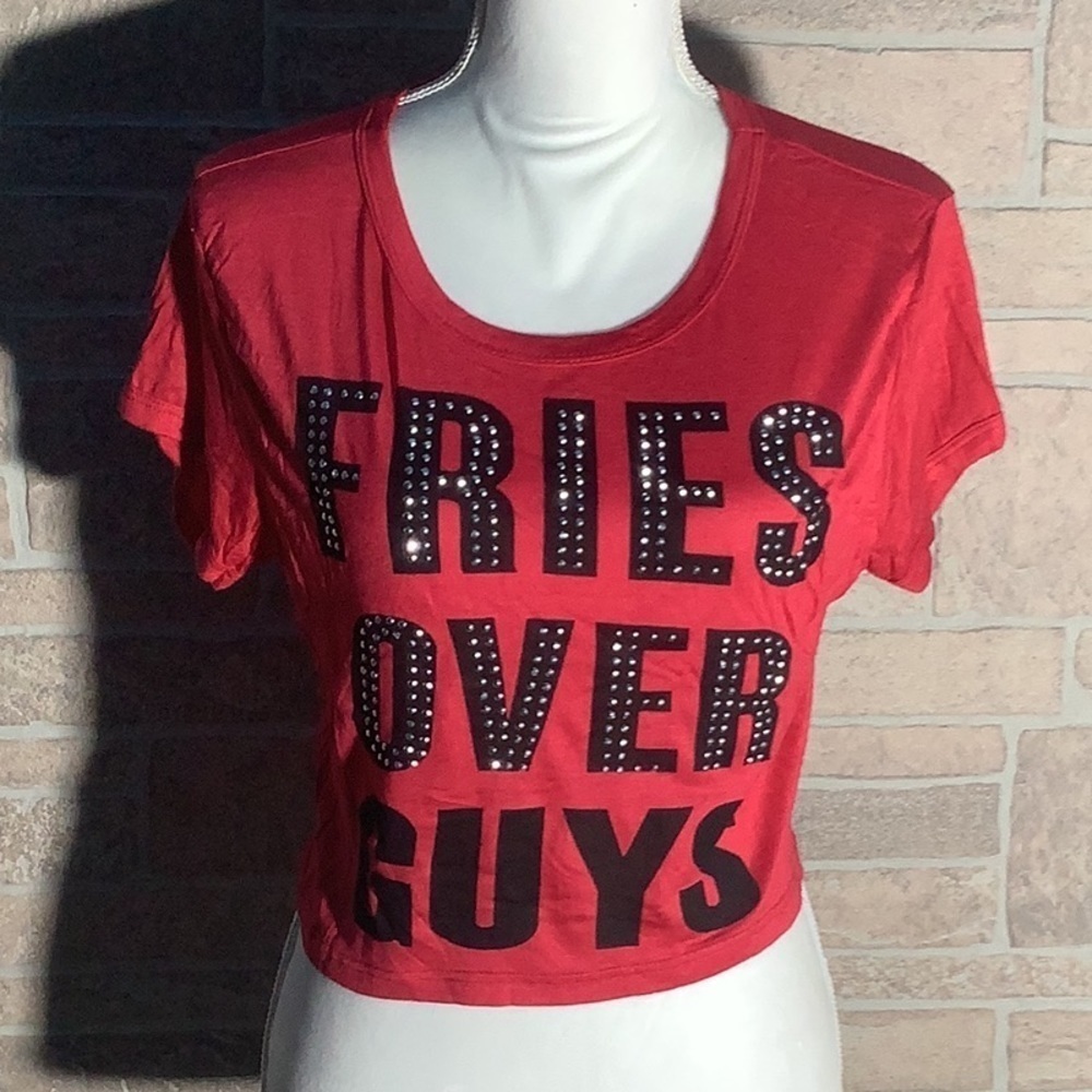 Blush NEW - Sz XL - cropped super soft TEE “ Fries Over Guys “ rhinestone - Picture 5 of 5